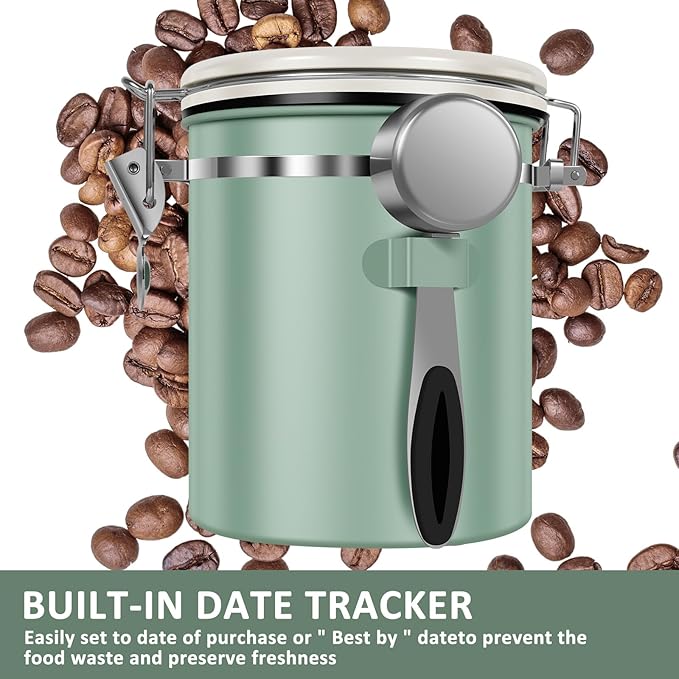 2PCS Coffee Storage Canister 1.5L 51OZ Double Airtight Coffee Beans Container with Date Locator 304 Stainless Steel Kitchen Food Storage Container with Spoon For Coffee Beans Grounds Tea Sugar