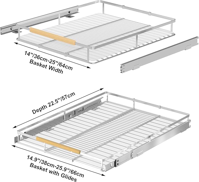 Pull Out Cabinet Organizers,Expandable Slide Out Wire Storage Drawers,Adjustable Width W:14.9”-25.9” x D:22.5”,2 packs of Stainless Steel Gliding Cupboard Wire Shelves for Pot and Pans,Chrome Plated