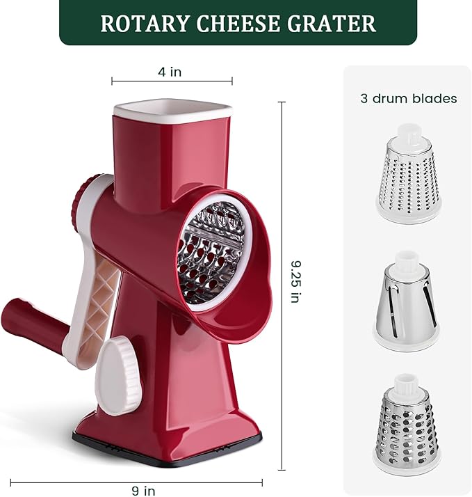 HANSGO Rotary Cheese Grater, Hand Crank Cheese Shredder, 3 Metal Blades & Cleaning Brush, Non-slip Suction Base, Labor-Saving Handle, Kitchen Gadgets for Vegetable, Nuts, Christmas Gifts for Women