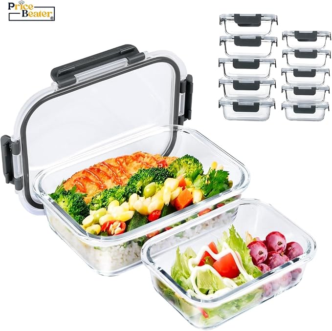 Glass Food Storage Containers with Lids – 10 Pack (2 Sizes: 1050ml & 370ml) | Airtight, Reusable Lunch Boxes, Leakproof, BPA-Free Meal Prep Containers for Kitchen,Dishwasher & Microwave