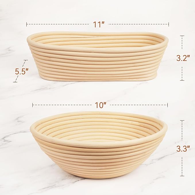 Lorzon Banneton Bread Proofing Baskets Set of 2, 10" Round & 11" Oval Sourdough Proofing Baskets with Sourdough Bread Baking Supplies, Bread Making Kit