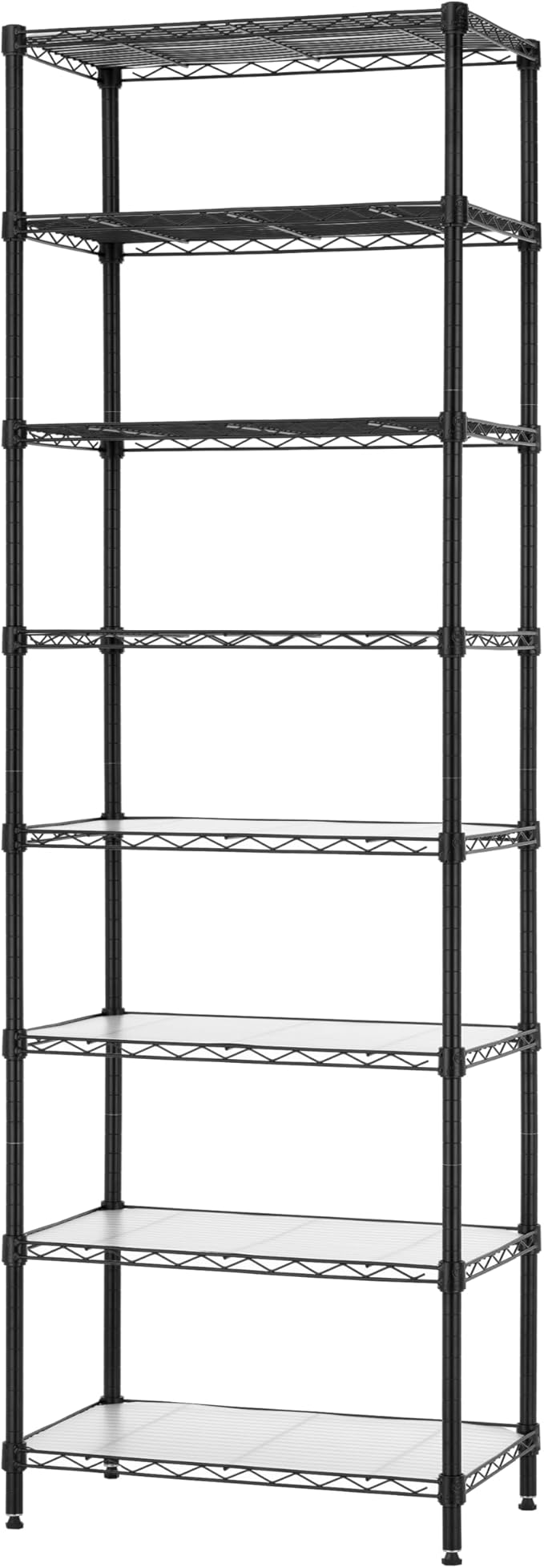 Finnhomy 8-Tier Wire Shelving Unit Adjustable Steel Wire Rack Shelving 8 Shelves Steel Storage Rack or Two 4-Tier Shelving Units with PE mat, Leveling Feet and Safety Device, NSF Certified, Black