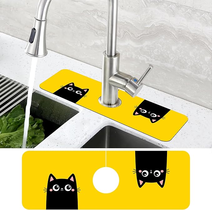 Cute Black Cat Head Kitchen Sink Splash Guard Mat Absorbent Fast Drying Mat Faucet Draining Mat Sink Splash Guard Behind Faucet Drip Catcher for Kitchen Bathroom 5.5"×15"