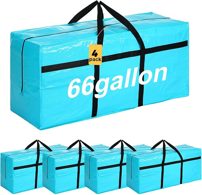 4 Pcs 66 Gallon Extra Large Moving Bags Heavy Duty Storage Bag with Strong Zipper Handle Foldable XXL Jumbo Storage Tote Packing Moving Box for College Dorm Travel Cloth Duffle (Black)