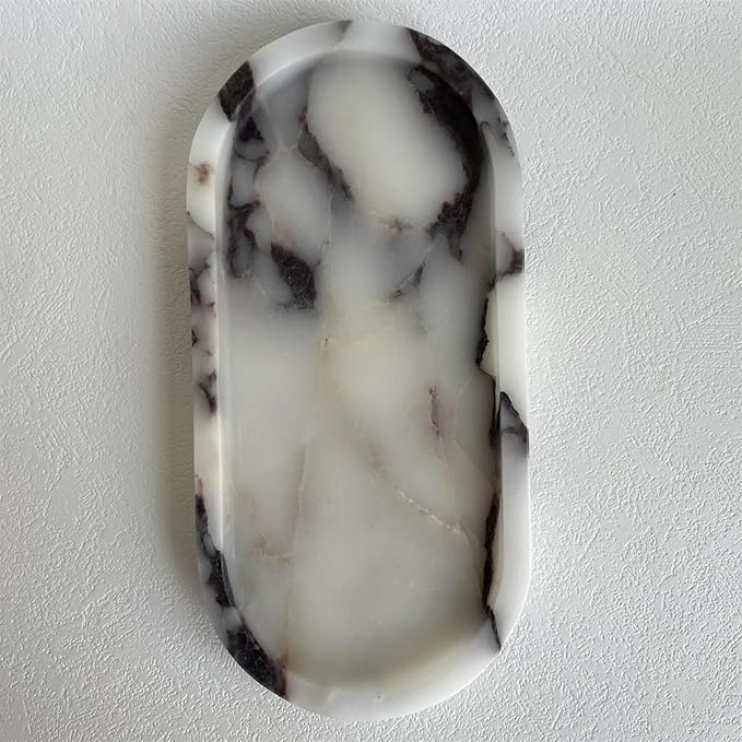 SAIDKOCC Natural Marble Oval Tray Ornaments Vintage Small Tray Storage Dish for Counter, Vanity, Dresser, Nightstand and Desk (Calacatta Purple)