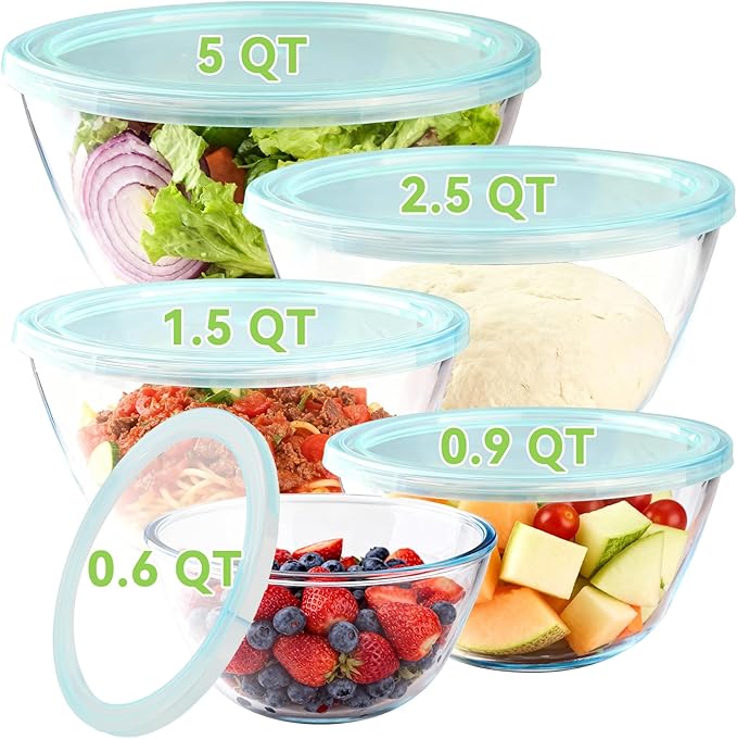 YUANYE 5 Pack Glass Mixing Bowls with Lids Set (5/2.5/1.5/0.9/0.6QT), Thick Glass Large Salad Bowl Set, Nesting Kitchen Bowls for Serving, Prepping, Cooking and Baking, Dishwasher,Oven,Microwave Safe