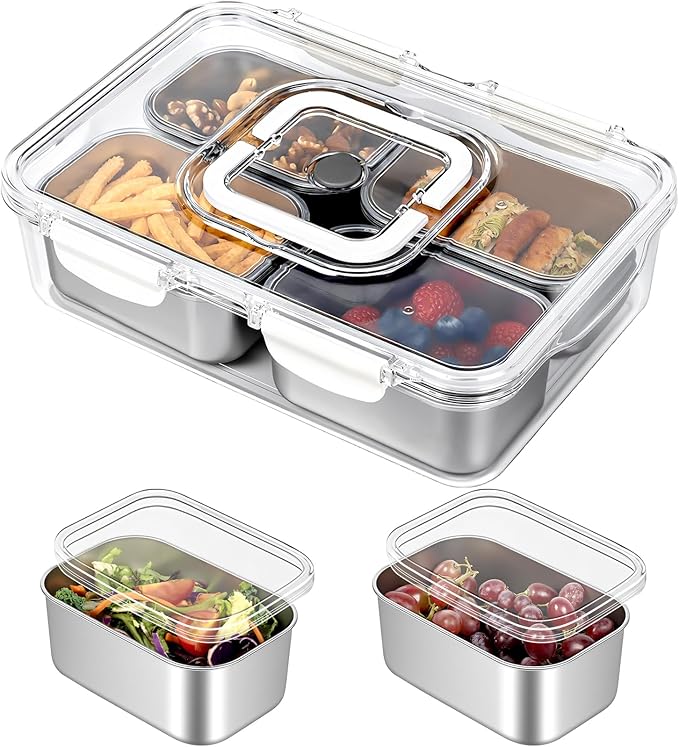Freshmage Snackle Box Container, Stainless Steel Divided Serving Snack Tray with Lid and Handle, 4 Compartment Portable Snack Platters for Road Trip, Beach, Picnic, Ball Games, Pool and Parties