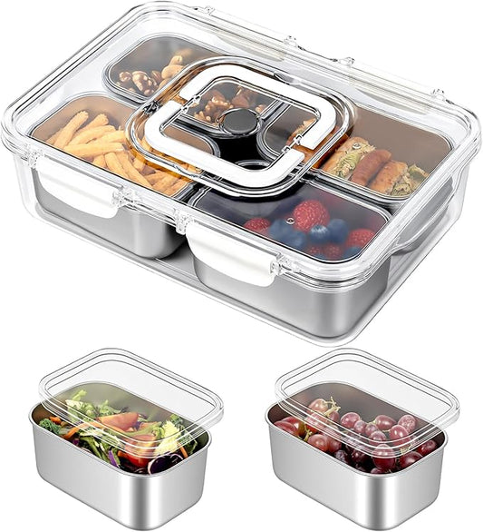 Freshmage Snackle Box Container, Stainless Steel Divided Serving Snack Tray with Lid and Handle, 4 Compartment Portable Snack Platters for Road Trip, Beach, Picnic, Ball Games, Pool and Parties