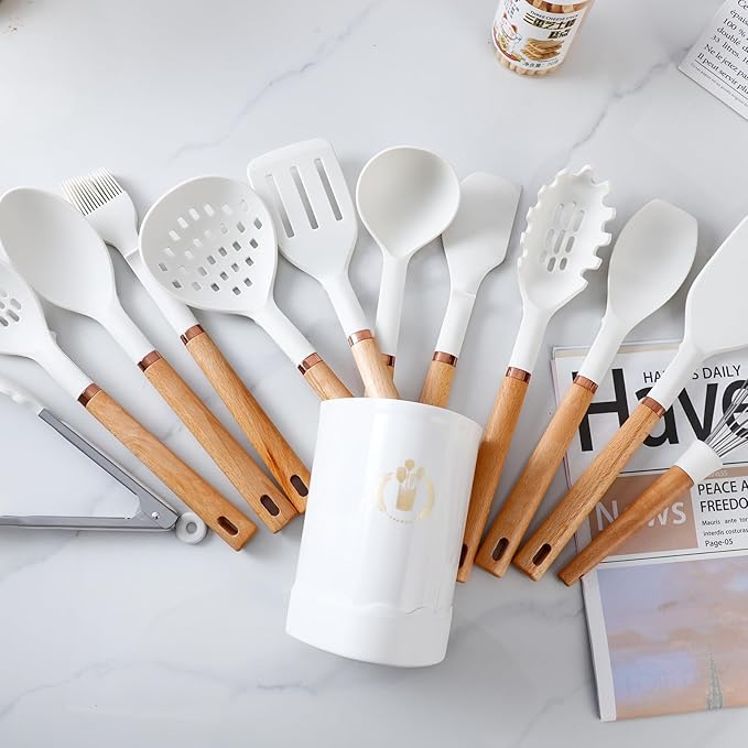Jiufei Home Silicone Cooking Utensils Set, Kitchen Utensils Set 13 Pcs for cooking, BPA Free Spatula Set with Heat Resistant Wood Handles for Nonstick Cookware (White)