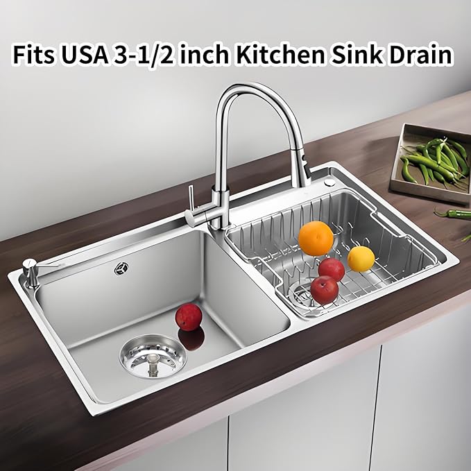 2 Pack Sink Drain Strainer, Kitchen Sink Drain Strainer And Stopper Combo Basket Spring Clip Replacement for Standard 3-1/2 inch Drain, Stainless Steel Basket with Knob, Rubber Stopper Bottom