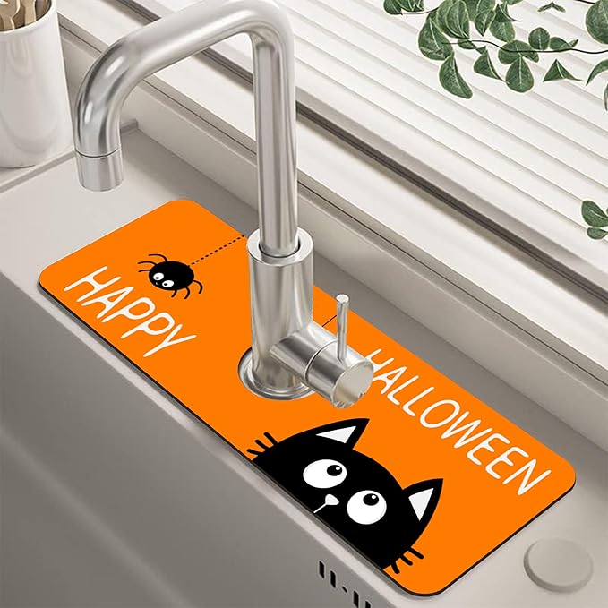 Halloween Cute Black Cat Kitchen Sink Splash Guard Mat Absorbent Fast Drying Mat Faucet Draining Mat Sink Splash Guard Behind Faucet Drip Catcher for Kitchen Bathroom 5.5"×15"