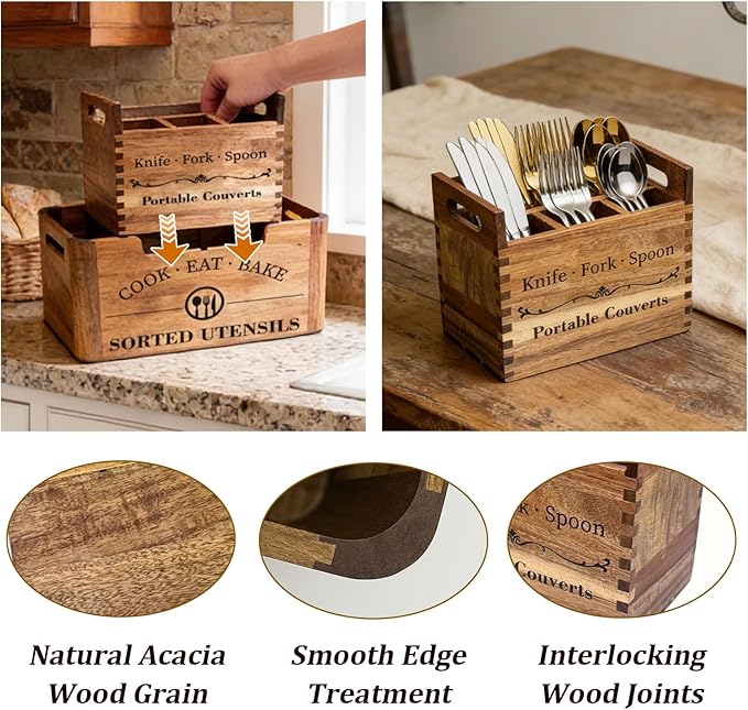 2-in-1 Upgraded Design Kitchen Utensil Holder,Acacia Wood Utensil Holder for Kitchen Counter, Large Utensil Holder with Removable Portable Organizer for Classified Storage,Ideal for Kitchen Use