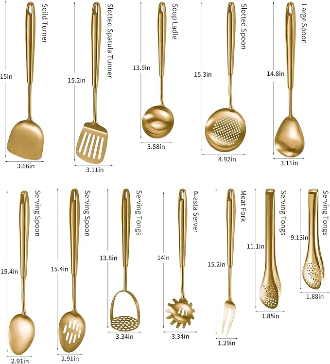 304 Stainlss Steel Matte Kitchen Utensils Set, 12 Pcs Long Metal Cooking Utensil Gadgets Tools Set with Spatula, Ladle, Spoon, Ladle, Skimmer, Tunner, Pasta Server, Tongs(Gold, Dishwasher Safe)