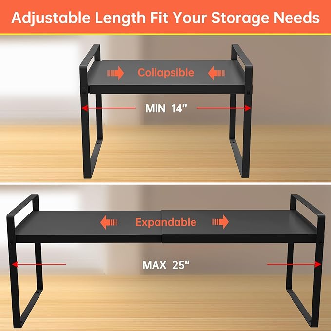 Adjustable Cabinet Shelves 9", Expandable 14~25" Metal Shelving for Pantry & Kitchen Organization, (2 Pack) Heavy-Duty Shelf Organizer, Fits Microwave, Spices, Countertop Storage