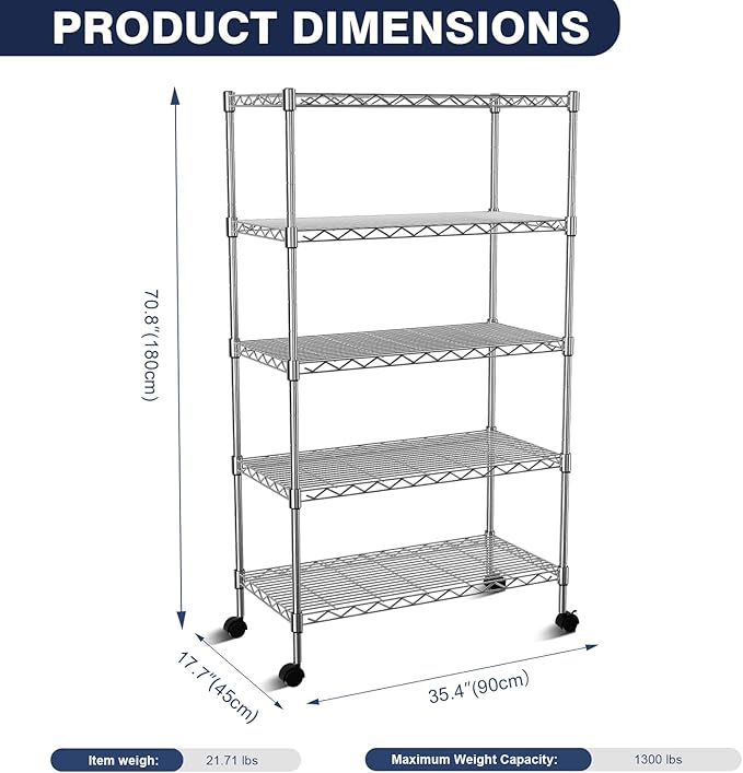 5-Tier Heavy Duty Metal Shelf,Chrome Wire Shelving Unit 35" Wx18 Dx71 H,Height Adjustable Storage Wire Shelves with Lockable Wheels for Garage,Kitchen,Office,Bathroom,Studio