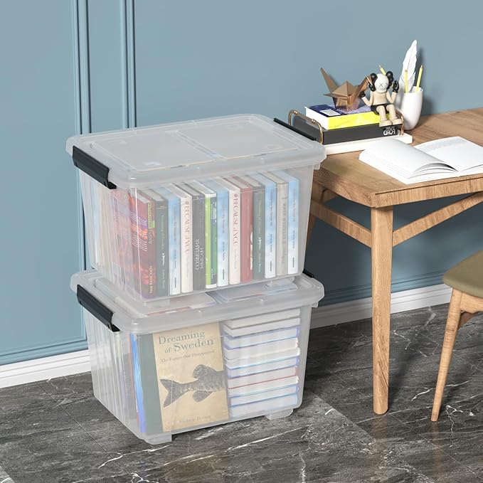 30 L Stackable Storage Bins with Lids, Clear Plastic Storage Containers, Stackable Organization Boxes with Secure Latching Lids/Wheels, Set of 4