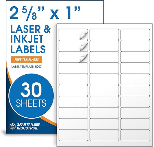 2 5/8" X 1" Matte White Printable Labels for Inkjet and Laser Printers - 30 Sheets, 900 Total Custom Stickers for Address Labels, Mailing, Barcodes - Spartan Industrial Template R007