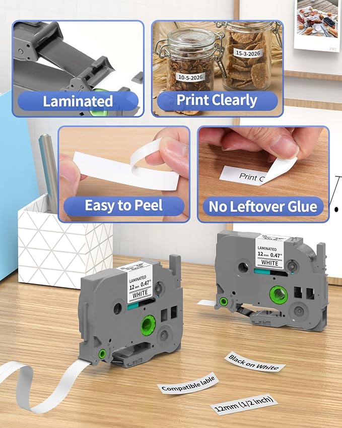 4-Pack Label Maker Tape 12mm 0.47" White Replacement for Brother P Touch Label Tape TZe-231 TZ-231, Compatible with Brother Ptouch PT-D210 PT-H110 PT-D220 PT-D400,Black on White