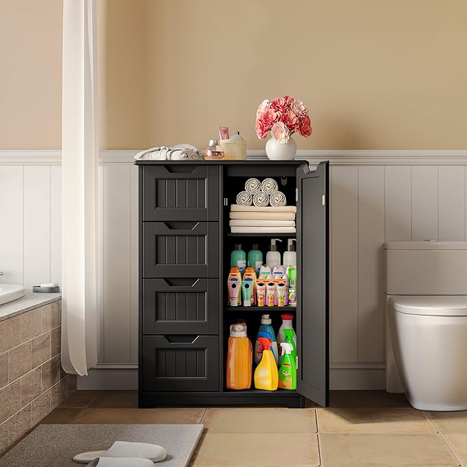Gizoon Small Pantry Cabinet with Door and Shelves, 33'' Kitchen Pantry Cabinet Freestanding Wooden Bathroom Storage Cabinet with 4 Drawers for Kitchen and Dining Room, Black