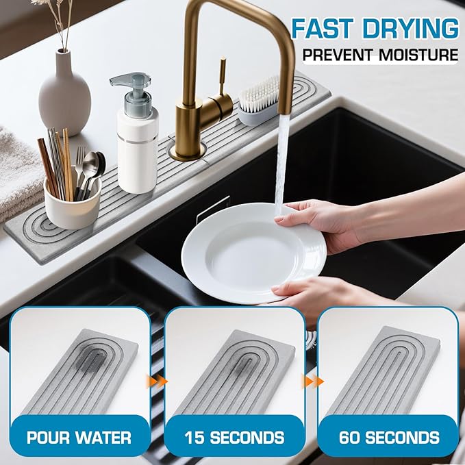 Faucet Mat for Kitchen Sink, Diatomite Quick Drying Tray , Long 23.6'' Kitchen Sink Splash Guard and Bathroom Stone Tray for Counter. Super Absorben. (Light gray-Rectangle, 23.6" x 4")