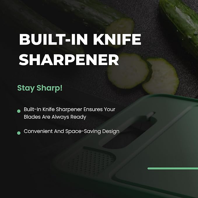 2-Sided Cutting Board with Built-In Grinder & Knife Sharpener - Stainless Steel & Buckwheat Surface - Non-Slip, Durable, Easy-to-Clean, Juice Groove, Portable for Kitchen & Camping (Mint)