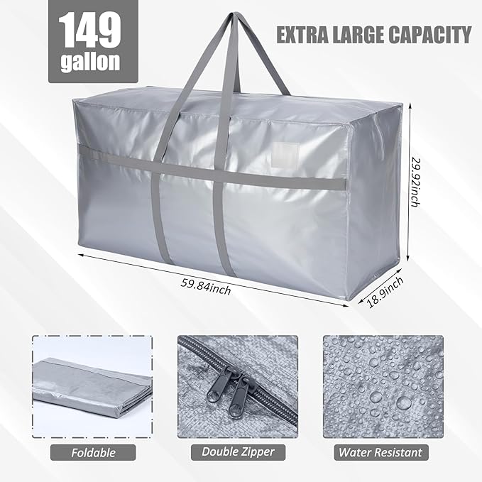 4 Pcs 149 Gallon Extra Large Moving Bags Heavy Duty Storage Bag with Strong Zipper Handle Foldable XXL Jumbo Storage Tote Packing Moving Box for College Dorm Travel Cloth Duffle (Silver)