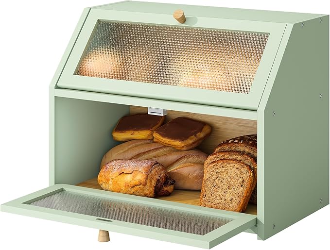 STDDRE Bread Box for Kitchen Countertop Bin Double Layer Bread Box Storage Container Extra Large Capacity Farmhouse with Diamond Pattern Windows (Green, Large)