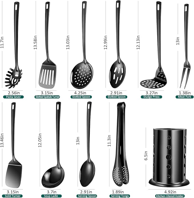 Lazycorner Kitchen Utensils Set, 11pcs Stainless Steel Cooking Utensils Set with Holder, Metal Kitchen Set for Cooking with Turners, Potato Masher, Spatula, Spoons, Pasta, Tongs