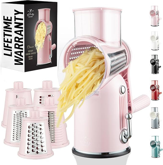Zulay Kitchen Rotary Cheese Grater 5 Blade Cheese Shredder - Manual Hand Crank Cheese Grater With Reinforced Suction & 5 Interchangeable Drums - Easy to Use, Vegetable Chopper Round Mandoline Slicer