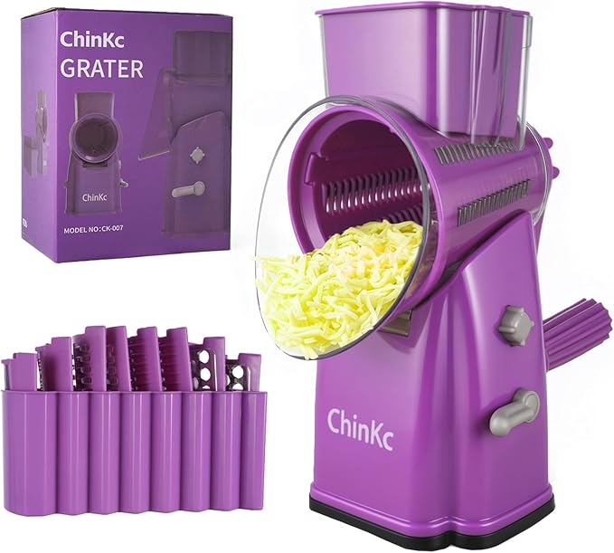 ChinKc Upgrade Rotary Cheese Grater Shredder with Handle, Strong Suction Base, Multi-purpose Rotary Grater Slicer with 5 Interchangeable Blades for Ice, Vegetables, Fruit, Nuts with Blade Storage Box