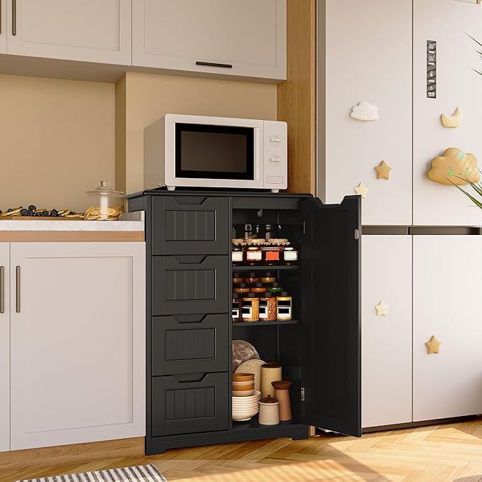 Gizoon Small Pantry Cabinet with Door and Shelves, 33'' Kitchen Pantry Cabinet Freestanding Wooden Bathroom Storage Cabinet with 4 Drawers for Kitchen and Dining Room, Black