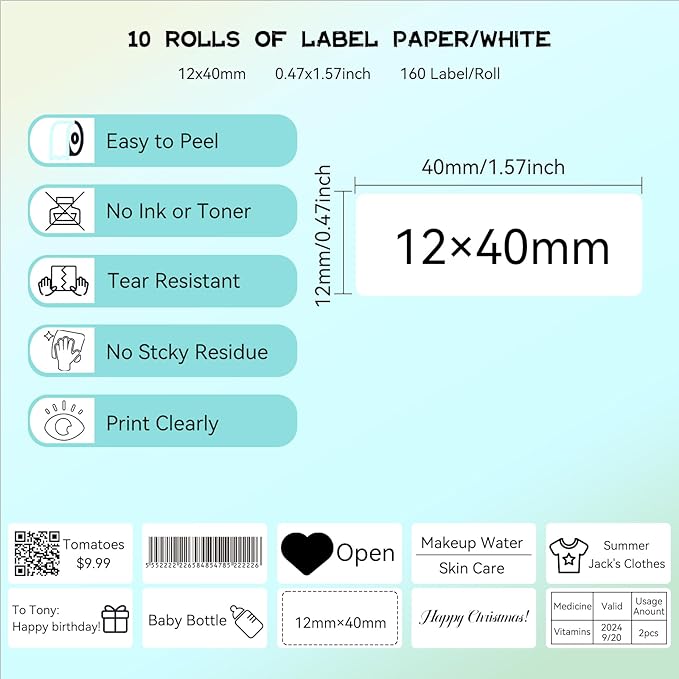 EEBBL D30 P15 HP4 Label Maker Tape 12mm 0.47 Laminated White, Works with Most Non-Encrypted Portable Label Printers，for Home, Office & Small Business 160 Labels/Roll, 10 Rolls White