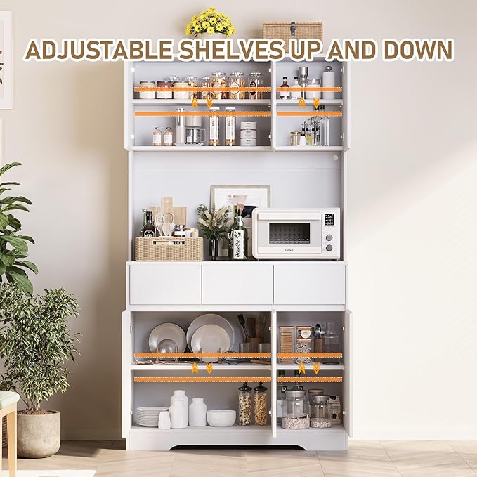 71" Pantry Cabinet with Charging Station and LED Lights, Tall Kitchen Pantry Storage Cabinet with Microwave Stand, Modern Hutch with Storage Drawers for Dining Room, Living Room, White