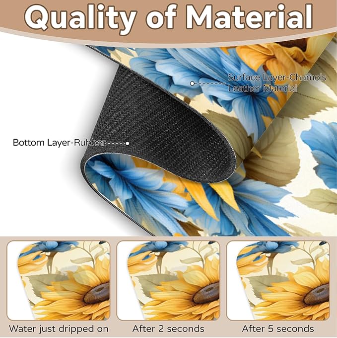 Sunflower Blue Bloom Kitchen Faucet Mat Splash Guard, 15.4”x5.7” Absorbent Quick Drying Sink Mat for Countertop Protection, Draining Mat Sink Protectors For Kitchen Bathroom, 2 Pack