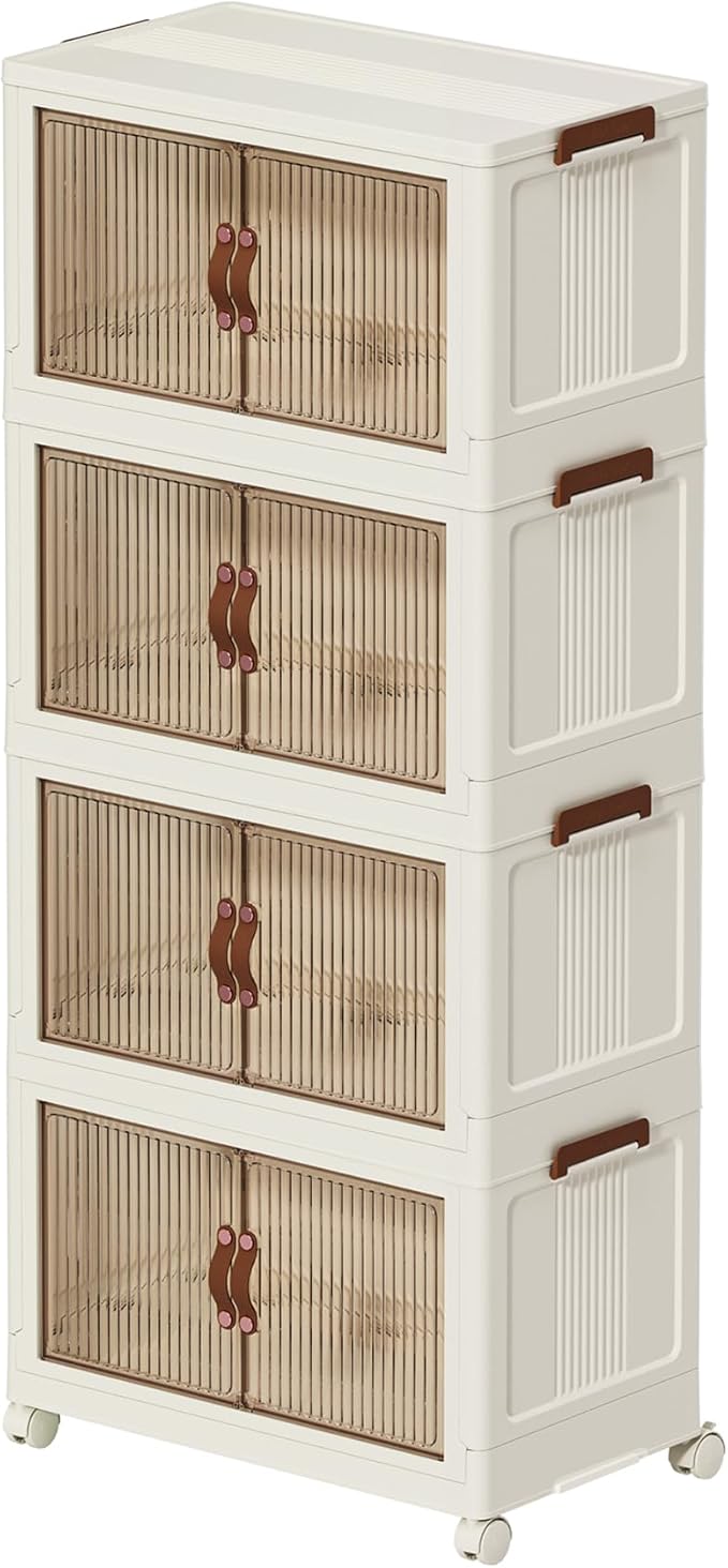 Collapsible Storage Bins with Lids - Stackable Plastic Closet Organizers for Clothes, and Home Organization White (4-rack, 17 Gal/rack)