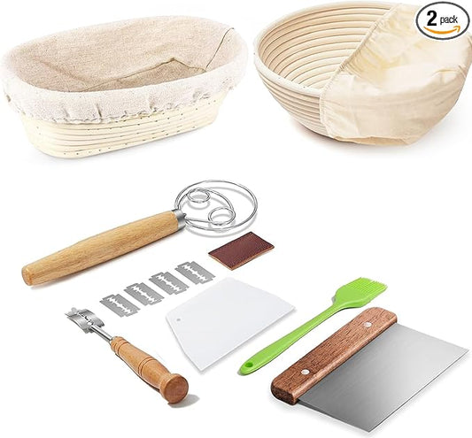 Dimpola Banneton Bread Proofing Basket Banneton Basket Set Sourdough Proofing Basket Round Proofing Bowls Handmade Rattan Baskets and Liners (Oval & Round Baking Set)