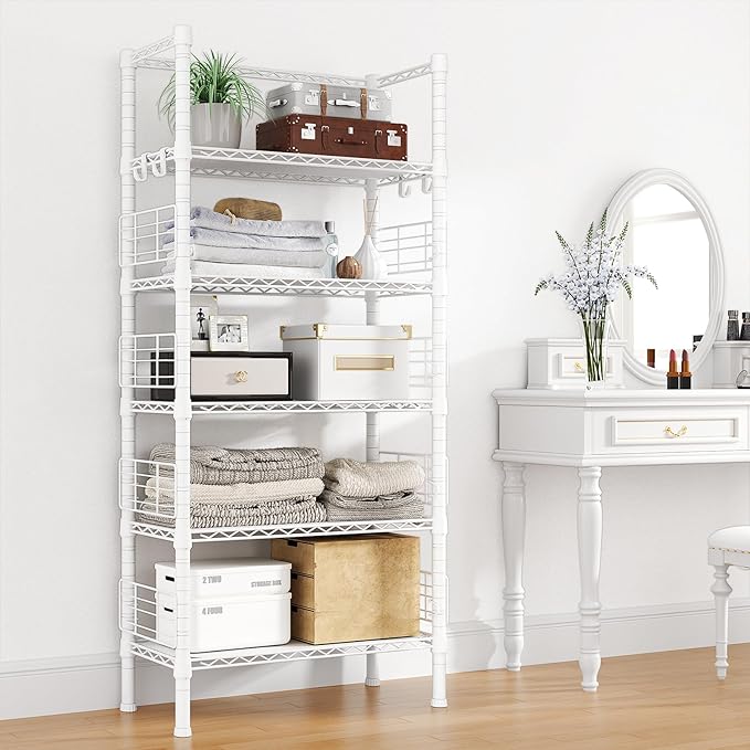 FUTASSI Metal Storage Rack, Storage Organizer Shelves for Kitchen, Bathroom, Living Room, Balcony and Garage, 5 Tiers Narrow Bookshelf, 21.2" W x 9.4" D x 59.2" H, Load 400lbs, White
