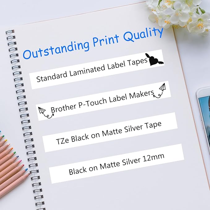 GREENCYCLE Compatible for Ptouch TZ TZe M931 12mm 0.47 Inch 1/2" Black on Matte Silver Laminated AZE Label Tape for PTD210 D200 D400AD D600 PT-H100 PTH110 PT1290 PT-1230PC PTP700BT, 10 Pack