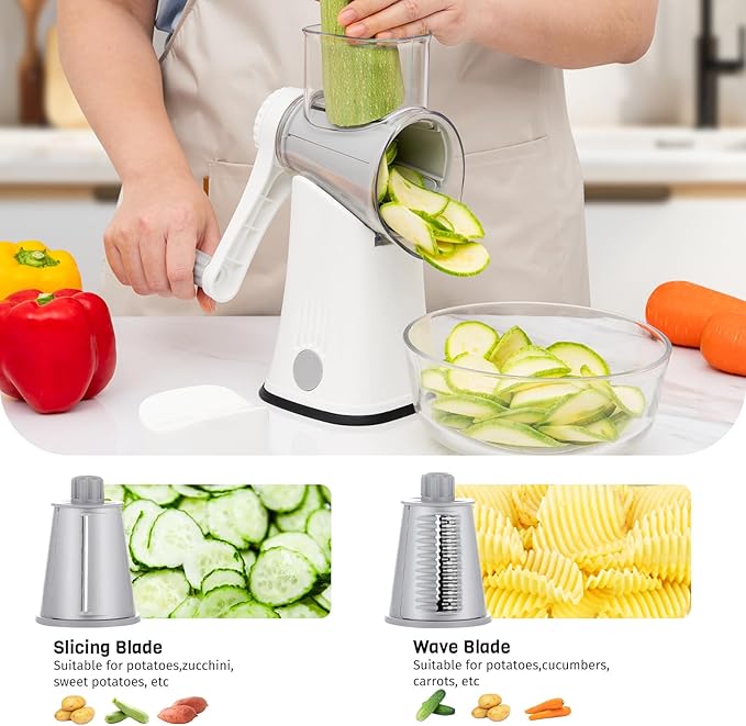 Nexsujo 5-in-1 Rotary Cheese Grater Hand Crank, Vegetable Slicer Shredder with 5 Interchangeable Blades, Graters for Kitchen, Safe Kitchen Tool for Cheese, Nuts, Chocolate, White