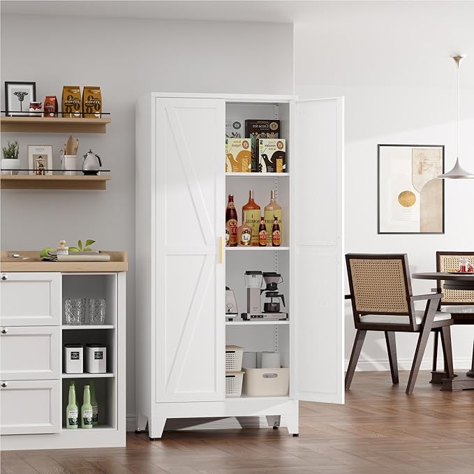 YNIQUESTLE Farmhouse Pantry Cabinet with Barn Doors,61" H x 27.5" W,Metal Cabinet with Adjustable Shelves,4-Tier Storage Cabinet for Kitchen Dining Room Garage,White