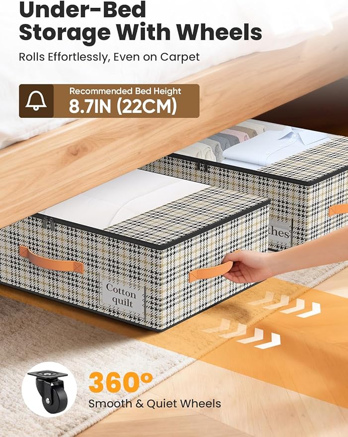 TOSKING Under Bed Storage with Wheels (2 Pack) with 4 Vacuum Bags, 7.9" Height Rolling Underbed Storage Containers, 900D Oxford Heavy Duty Drawer, 80lbs Load Organizer for Clothes, Shoes, Houndstooth