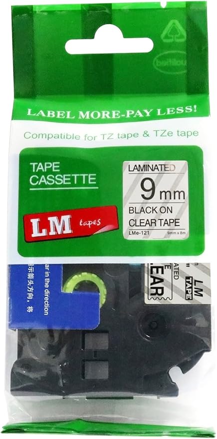 1/Pack LM Tapes - LMe121 Premium 3/8" Black Print on Clear Label Compatible with P-Touch TZe-121 Tape and Includes Tape Color/Size Guide. Replaces TZ-121 9mm 0.35 Laminated.