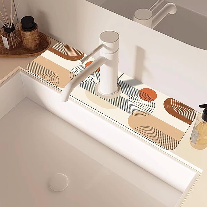 Abstract Minimalistic Geometric Sink Faucet Absorbing Mat Sink Splash Guard Faucet Mat Draining Mat Fast Drying Sink Protectors for Kitchen and Bathroom 5.5"×15"