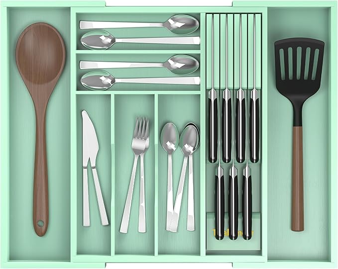 Thalomely Bamboo Kitchen Drawer Organizer, Expandable Silverware Organizer with Removable Knife Block, 6-8 Slots- Utensil Holder & Cutlery Tray Drawer Dividers, 2.36" Deep for Extra Capacity, Cyan