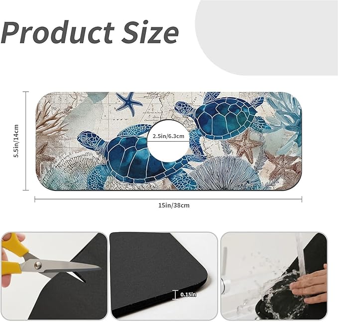 Kitchen Sink Splash Guard，blue turtles,ocean Faucet Mat Sink Gadgets-Super Absorbent Fast Drying Mat Drip Catcher for Kitchen, Bathroom,Sink Mat, Dish Drying Mat, Bathroom(15" X 5.5" )