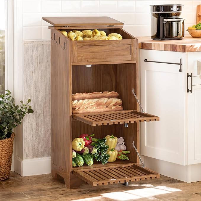 Potato and Onion Storage Bins Box, Mid Century Modern Fruit and Vegetable Storage, Small Food Kitchen Pantry Cabinet for Snack, Wooden Bread Storage for Homemade Bread, Farmhouse, Magnetic Flip-top