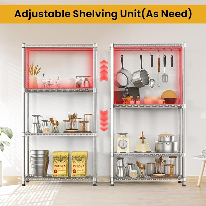 4- Shelf Metal Wire Shelving Unit Commercial Garage Storage Shelves Metal Shelf Adjustable Storage Rack Heavy Duty 2200 LBS rganizer for Pantry Laundry Bathroom Kitchen Closet Utility Room warehouse