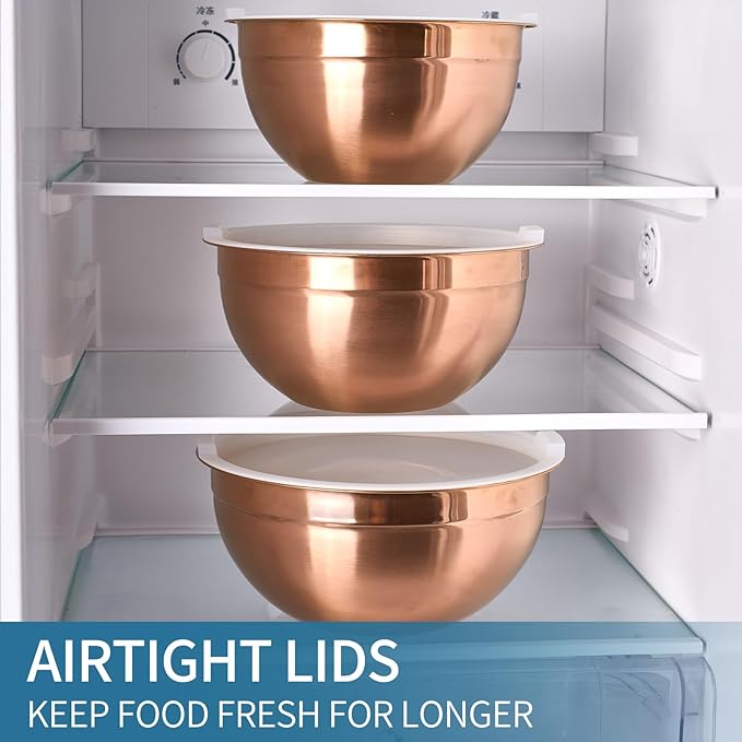 Onlycooker Rose Gold Mixing Bowls With Airtight Lids,Stainless Steel Bowl,Salad Bowls 7 Piece Colorful Nesting Bowl Rose Gold Kitchen Accessories,Size 7,3.6,2.7,2.1,1.5,1.1,0.8QT Stackable Design