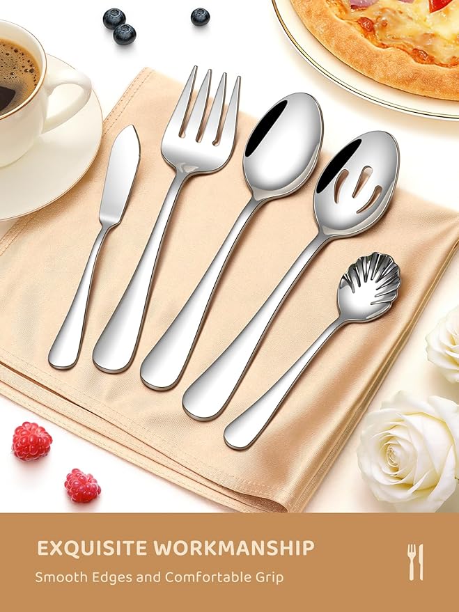 Silverware Set with Serving Utensils, 45 Piece Food-Grade Stainless Steel Flatware Set include Hostess Serving Utensil Set, Mirror Polished Cutlery Set for Home Kitchen Restaurant,Dishwasher Safe