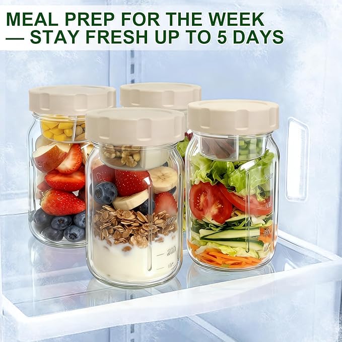 4 Pack Glass Salad Jars with Lids,32oz Mason Jars for Meal Prep,Leakproof Lunch Container with Two Small Built-in Boxes for Wet/Dry Separation of Salad Dressing and Dry Ingredients ( Apricot White)